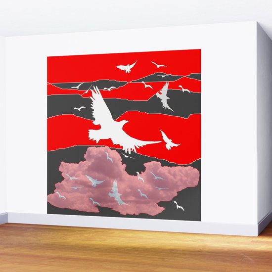 White Birds In Flight Red Grey Sky Abstract Wall Mural By