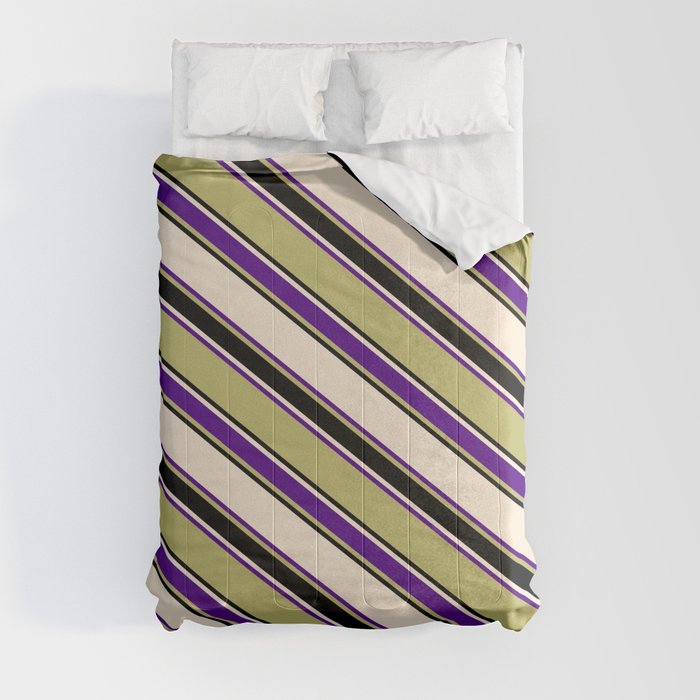 Beige, Indigo, Dark Khaki, and Black Colored Striped/Lined Pattern Comforter