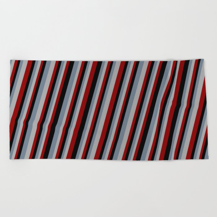 Slate Gray, Dark Gray, Dark Red & Black Colored Stripes Pattern Beach Towel