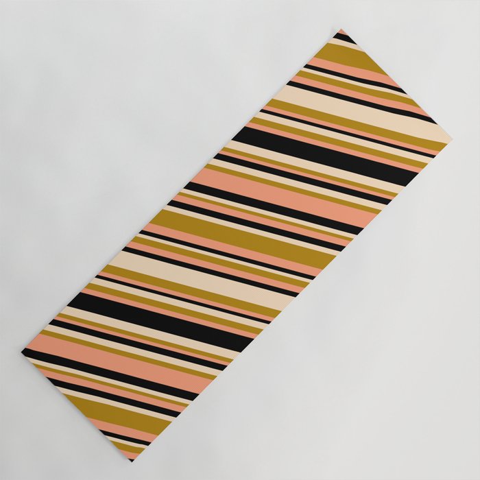 Bisque, Dark Goldenrod, Light Salmon & Black Colored Stripes/Lines Pattern Yoga Mat