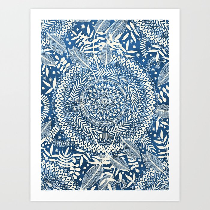 Diamond and Doodle Mandala On Blue Art Print