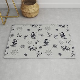 Light Grey And Blue Silhouettes Of Vintage Nautical Pattern Area & Throw Rug