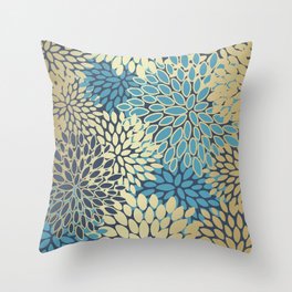 Christmas, Flower Garden, Gold and Blue, Floral Prints Throw Pillow