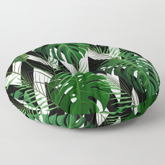 Geometrical green black white tropical monster leaves Floor Pillow