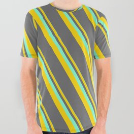 [ Thumbnail: Aquamarine, Yellow, and Dim Gray Colored Lined/Striped Pattern All Over Graphic Tee ]