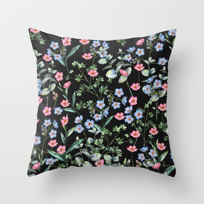spring floral - black Throw Pillow