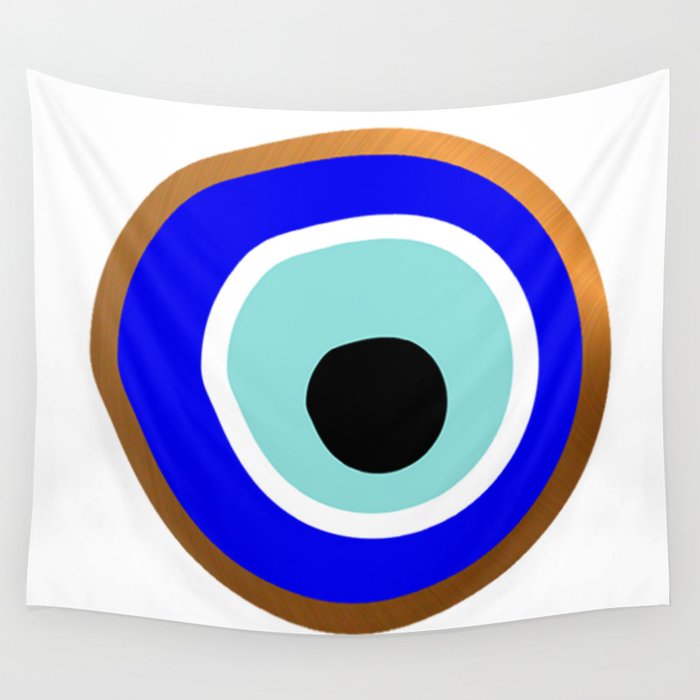 Grecian Gold evil eye in blue on white Wall Tapestry