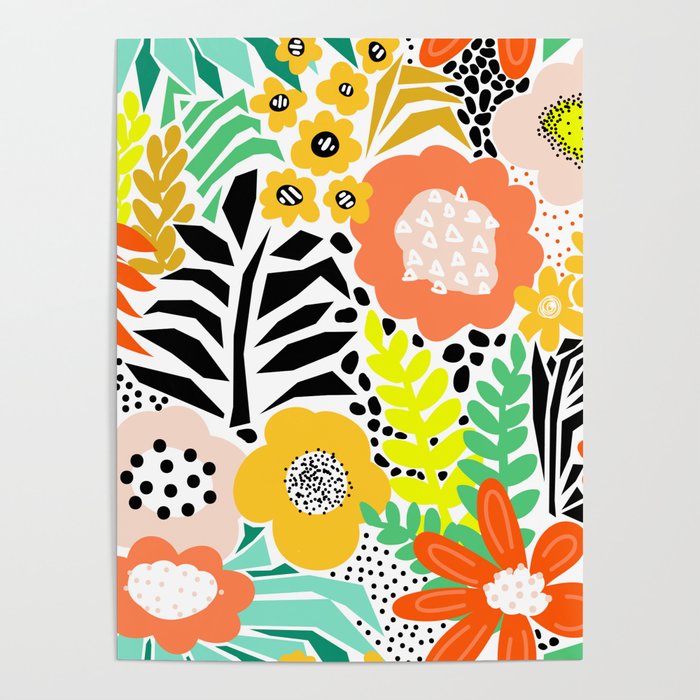 Summer Flower Field Abstract Orange Black Yellow Green White Pattern Large Poster
