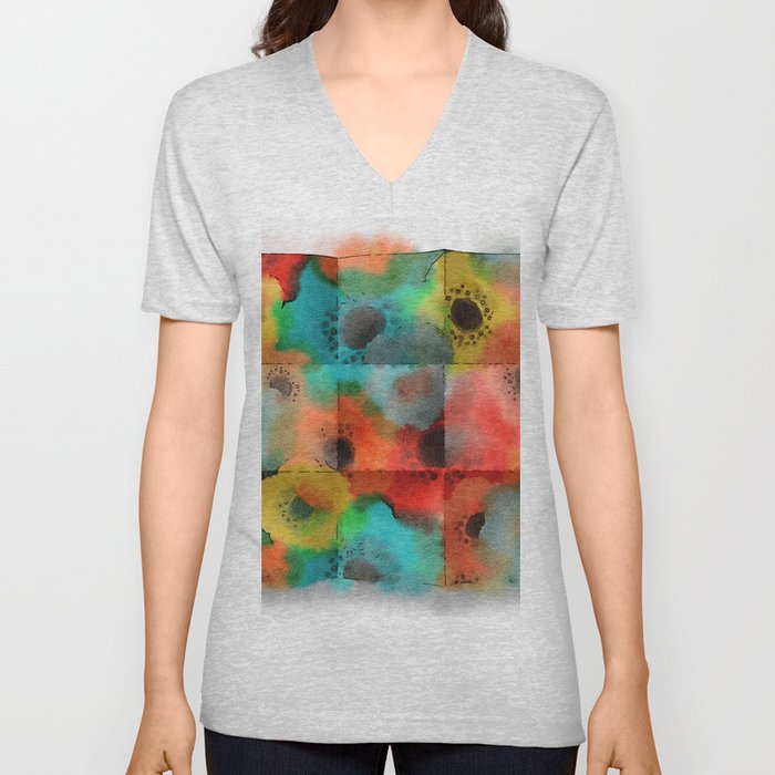 Floral Fold - turquoise red orange yellow green V Neck T Shirt