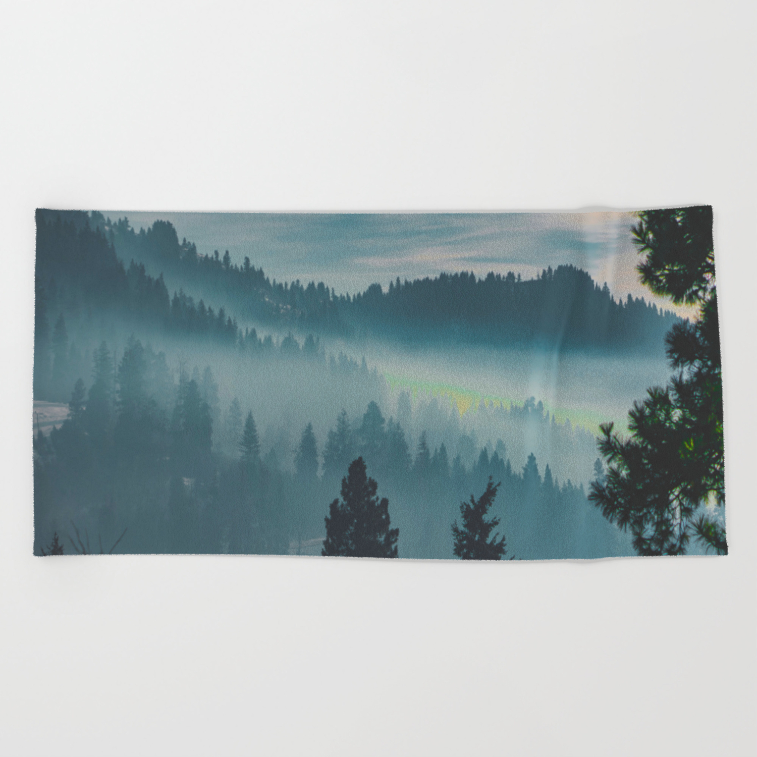 Misty Blue Watercolor Mountains Pine Trees Silhouette Minimalist
