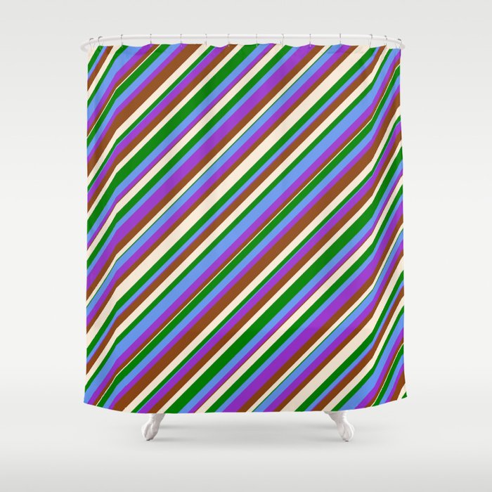 Colorful Cornflower Blue, Dark Orchid, Brown, Beige & Green Colored Lined/Striped Pattern Shower Curtain