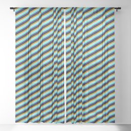 [ Thumbnail: Colorful Dark Goldenrod, Powder Blue, Turquoise, Midnight Blue, and Black Colored Lined Pattern Sheer Curtain ]