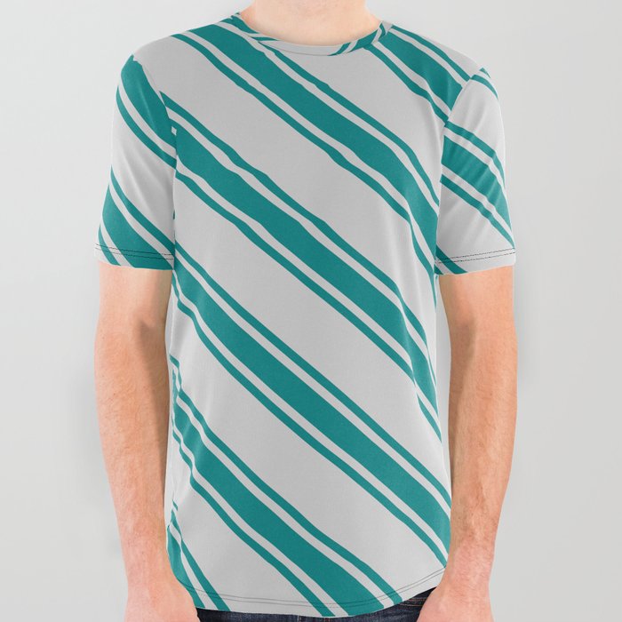 Light Gray & Teal Colored Lined Pattern All Over Graphic Tee