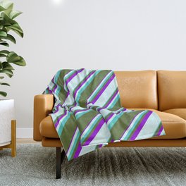 [ Thumbnail: Turquoise, Dark Olive Green, Dark Violet & Light Cyan Colored Striped/Lined Pattern Throw Blanket ]