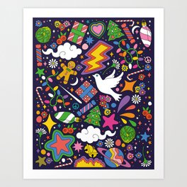 60s 70s psychedelic Modern Christmas Confetti Pattern Art Print