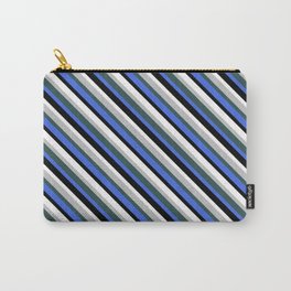[ Thumbnail: Vibrant Grey, Dark Slate Gray, Royal Blue, Black & White Colored Lines Pattern Carry-All Pouch ]