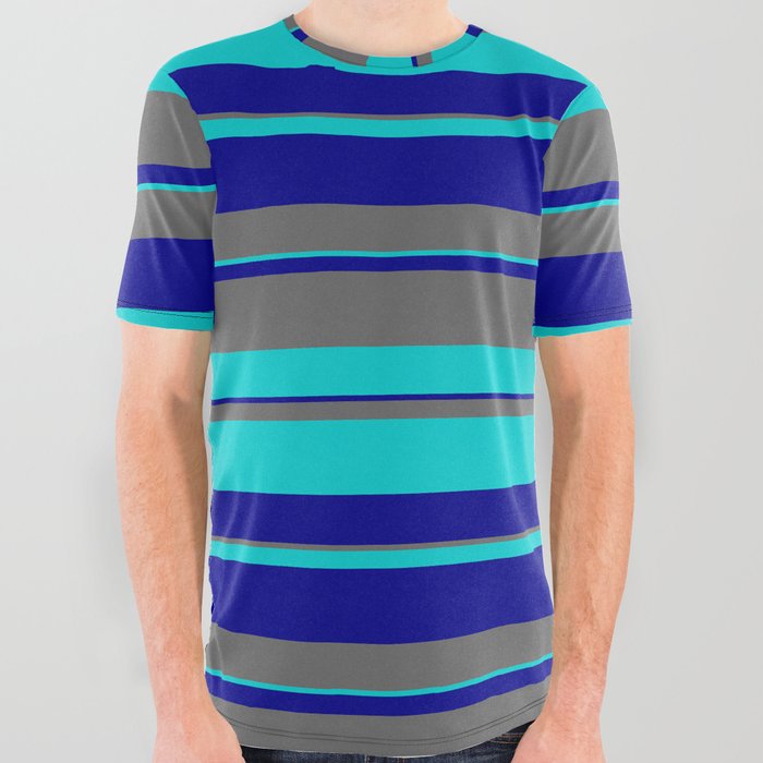 Dark Turquoise, Dark Blue & Dim Grey Colored Lines/Stripes Pattern All Over Graphic Tee