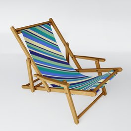 [ Thumbnail: Dark Sea Green, Dark Cyan, Royal Blue, Pale Goldenrod, and Midnight Blue Colored Stripes Pattern Sling Chair ]