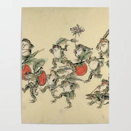 Kawanabe Kyosai Frogs bearing persimmons and riding lizards Poster