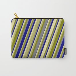 [ Thumbnail: Colorful Pale Goldenrod, Dark Khaki, Green, Grey & Blue Colored Lines/Stripes Pattern Carry-All Pouch ]