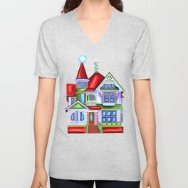 Santa Hat Whimsical Victorian Christmas House V Neck T Shirt