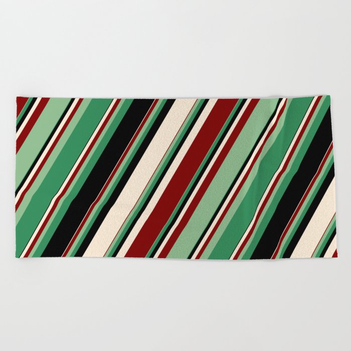 Colorful Beige, Maroon, Dark Sea Green, Sea Green, and Black Colored Striped Pattern Beach Towel