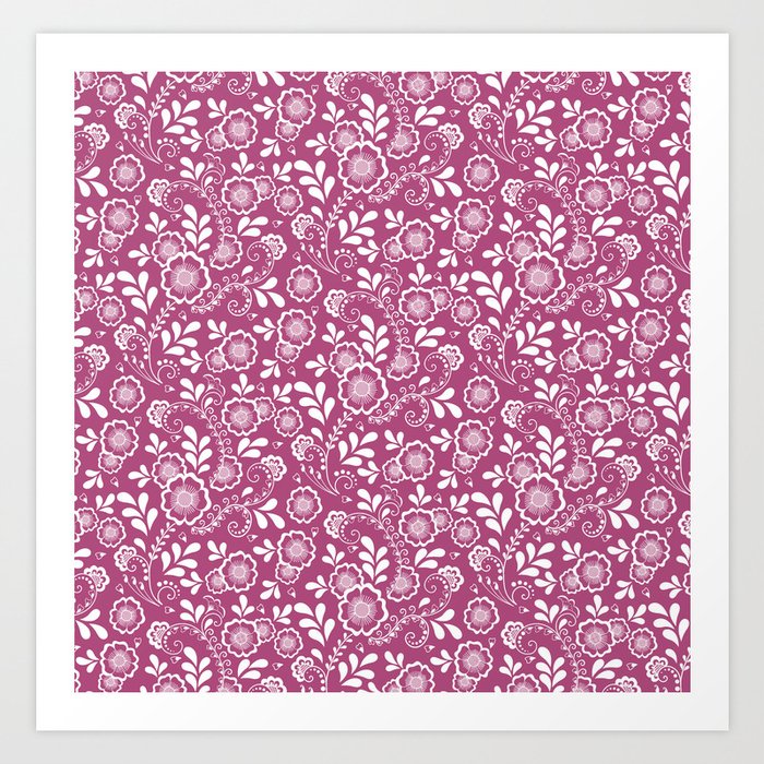 Magenta And White Eastern Floral Pattern Art Print