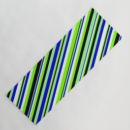 [ Thumbnail: Eyecatching Green, Blue, Mint Cream, Chartreuse, and Black Colored Lined/Striped Pattern Yoga Mat ]
