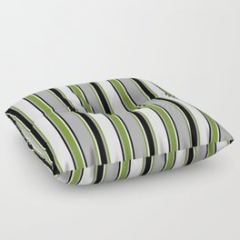 [ Thumbnail: Dark Gray, Green, White & Black Colored Lines/Stripes Pattern Floor Pillow ]