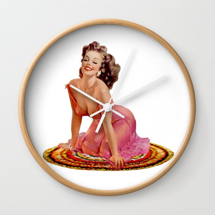 Brunette Pin Up With Pink Dress on Colorful Rug Wall Clock