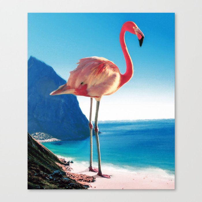American Flamingos On The Beach, American Flamingos Manipulation, Tropical  American Flamingo Print, American Flamingo Art Canvas Print by PaintCorner