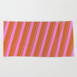 [ Thumbnail: Violet and Chocolate Colored Lined/Striped Pattern Beach Towel ]