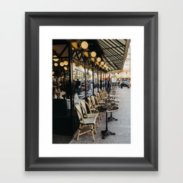 Cafe terrace in Paris during the spring, France | Street view | Pastel colored buildings | Travel photography fine art Framed Art Print
