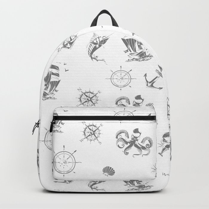 Grey Silhouettes Of Vintage Nautical Pattern Backpack
