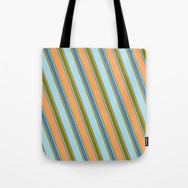 [ Thumbnail: Brown, Green, Powder Blue & Blue Colored Stripes Pattern Tote Bag ]