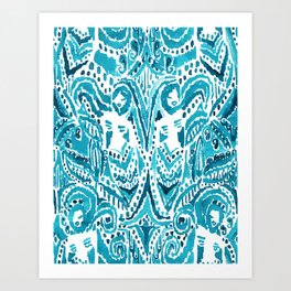#MERMLIFE Blue Ikat Watercolor Mermaids Art Print
