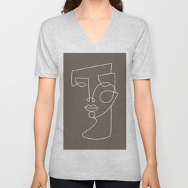6-104R-8, Coffee Brown & Cream, Woman Face One Line Art, Boho decor, V Neck T Shirt