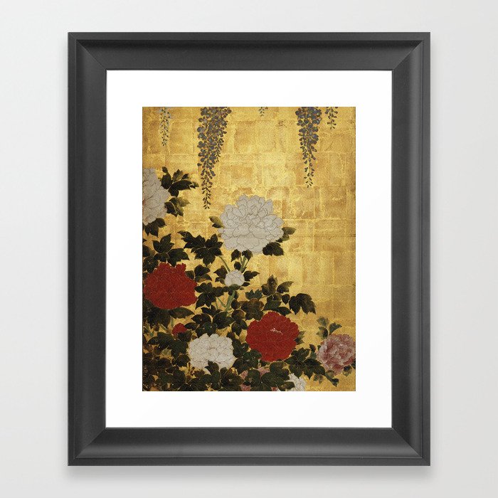 Vintage Japanese Floral Gold Leaf Screen With Wisteria and Peonies Framed Art Print