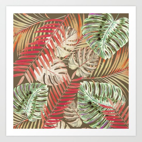 Jungle Tangle Red On Brown Art Print