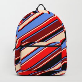 [ Thumbnail: Cornflower Blue, Dark Red, Bisque, Red & Black Colored Stripes Pattern Backpack ]