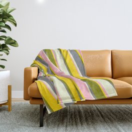 [ Thumbnail: Vibrant Light Pink, Yellow, Green, Gray, and Light Yellow Colored Stripes/Lines Pattern Throw Blanket ]