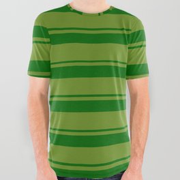 [ Thumbnail: Dark Green & Green Colored Pattern of Stripes All Over Graphic Tee ]