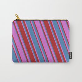 [ Thumbnail: Orchid, Red & Blue Colored Lined/Striped Pattern Carry-All Pouch ]