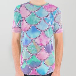Colorful Pink and Blue Watercolor Trendy Glitter Mermaid Scales  All Over Graphic Tee