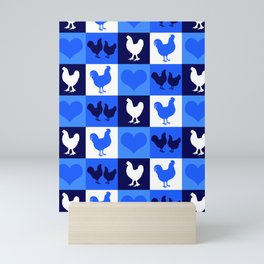 Blue and White American Chickens Gingham Mini Art Print