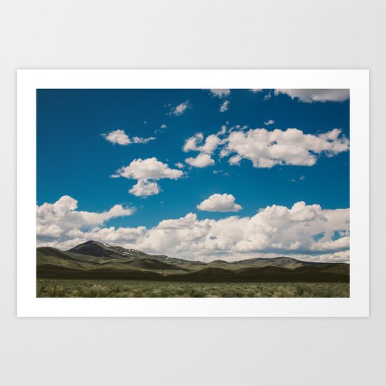 Puffy White Clouds with Blue Sky and Green Meadow Hills Art Print