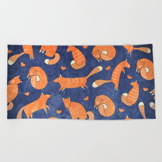 Foxes at Night - Cute Fox Pattern Beach Towel