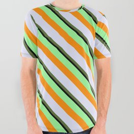[ Thumbnail: Colorful Green, Dark Orange, Lavender, Dark Olive Green, and Black Colored Lined Pattern All Over Graphic Tee ]
