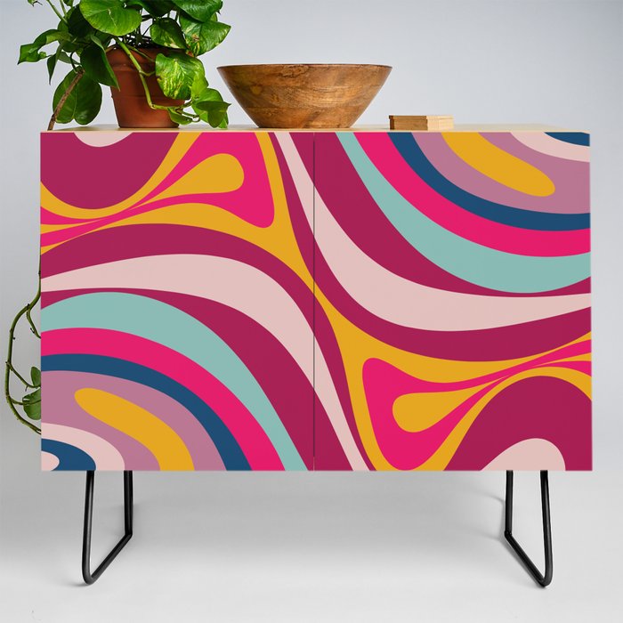 New Groove Colorful Retro Swirl Abstract Pattern Magenta Blue Aqua Pink Mustard Credenza