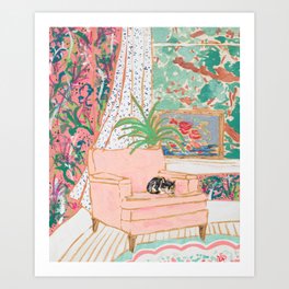 Catnap - Tuxedo Cat Napping in Chair by the Window Kunstdrucke | Rug, Larameintjes, Pattern, Blush, Pastel, Green, Chair, Garden, Interior, Pink 